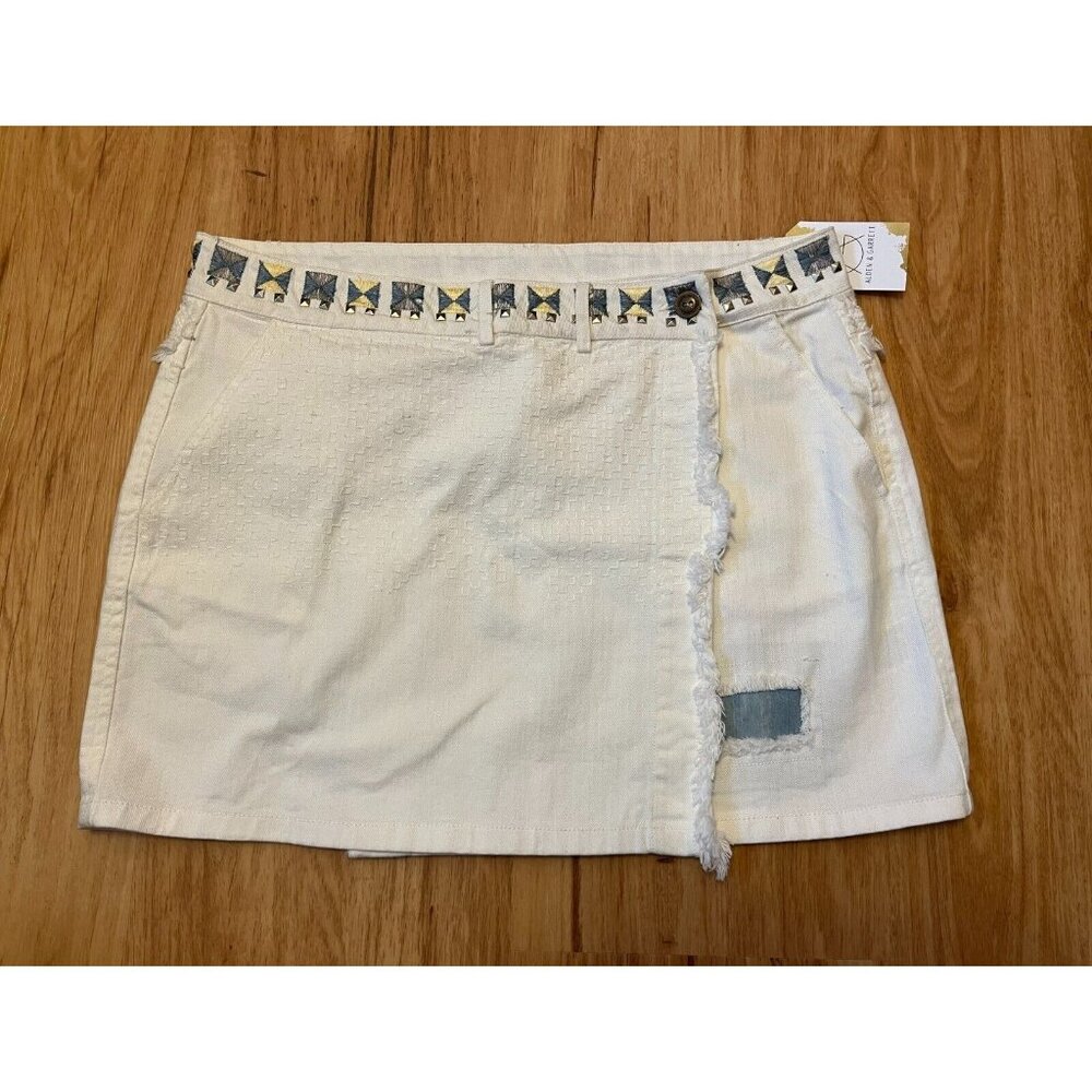 Desigual White Embroidered Wrap Jean Skirt W/ Fringe, Size 12 (US) 36 (D) NWT!